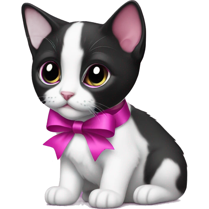 Tuxedo kitten with a magenta ribbon  emoji
