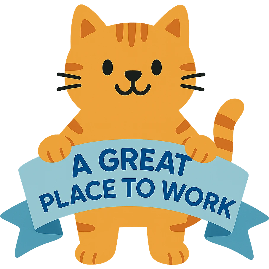 flat toon style cat holding a ribbon with the text 'a great place to work' written in blue emoji