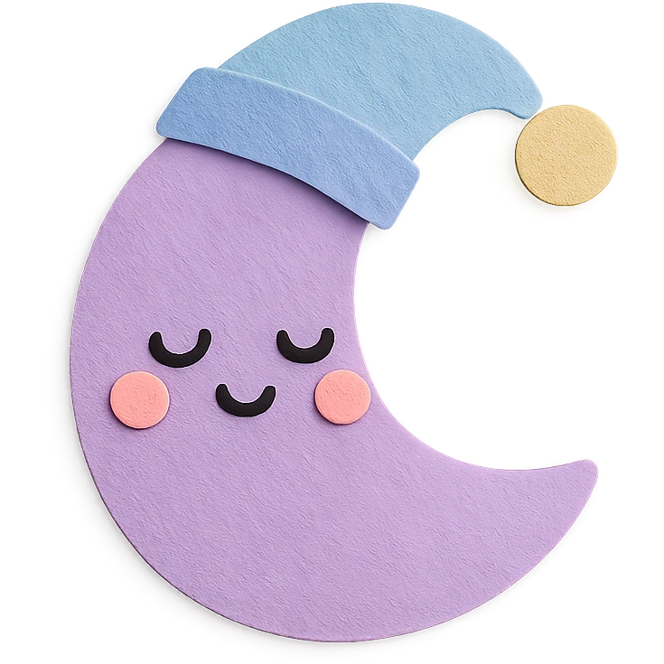 kawaii soft purple crescent moon wearing a sleeping cap, no arms, no legs, full body, soft pastel colors, kawaii paper craft style emoji