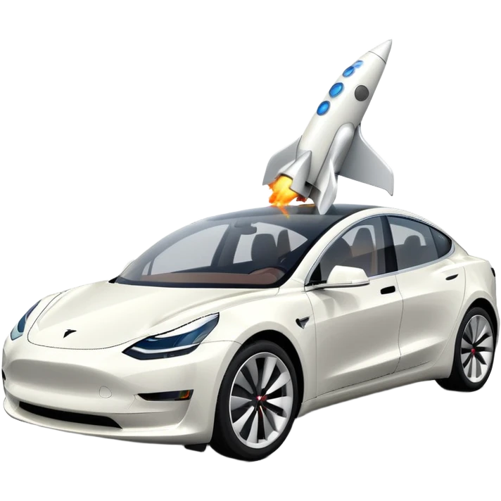 Tesla model 3 white.  Rocket boost on roof  emoji