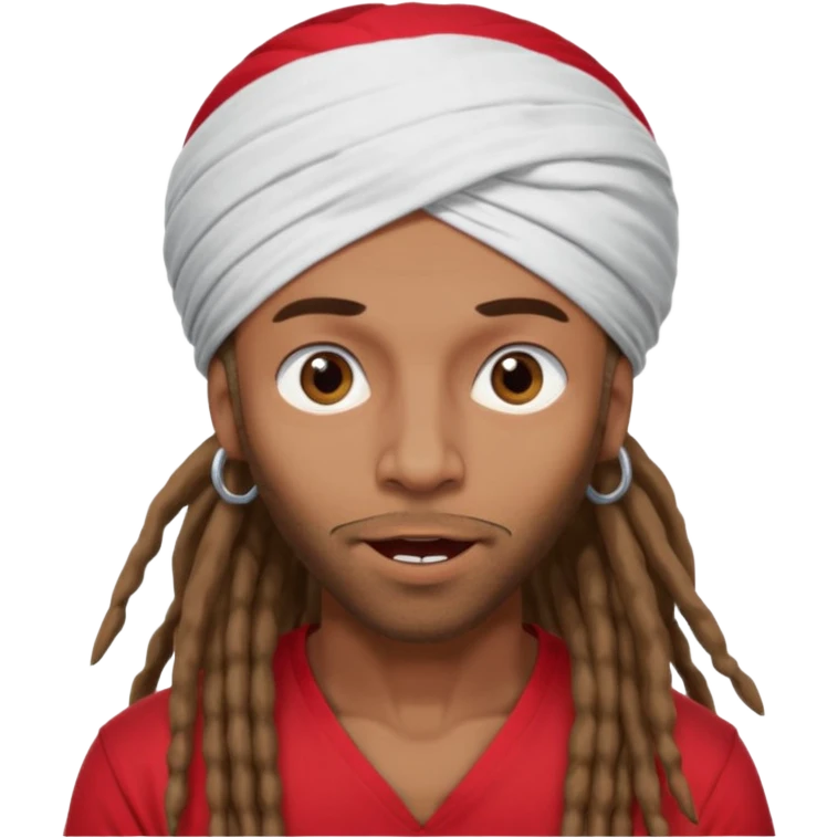 Brownskin man with long brown dreadlocks 
red t-shirt 
white turban 
expression is in love 
his eyes mouth open  emoji