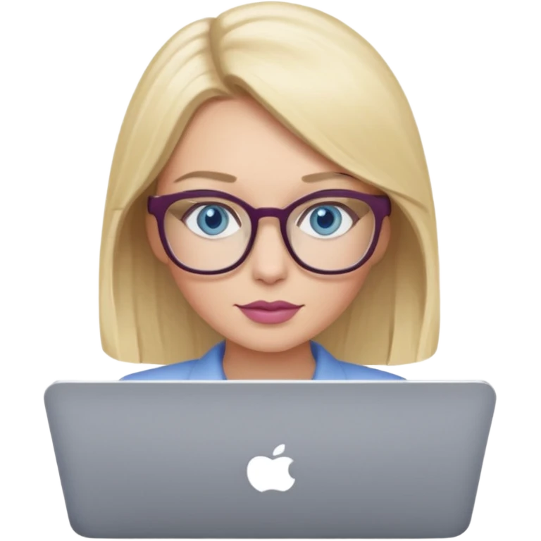 donna bella, occhi azzurri con occhiali, capelli medi, lisci e biondi, lavora usando lo schermo pc. Labbra color malva chiaro emoji