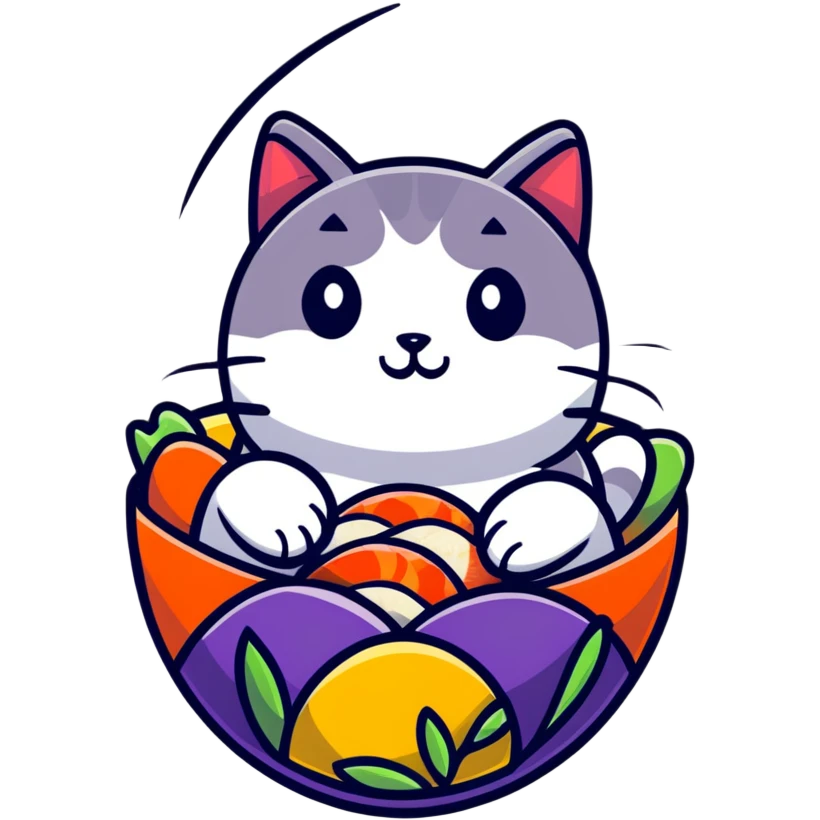 cat sitting in a decorated Easter egg made of sushi, colorful Easter patterns on the sushi egg emoji