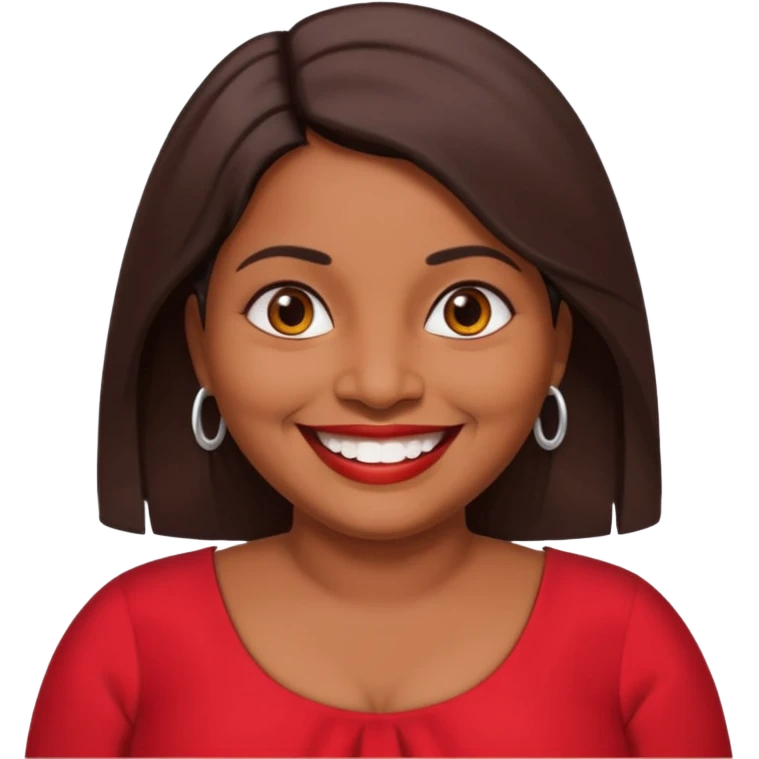 50 yr old chubby Sri Lankan woman, dark skin, straight brown hair, big smile, white teeth, red dress clothes, shoulder length hair emoji