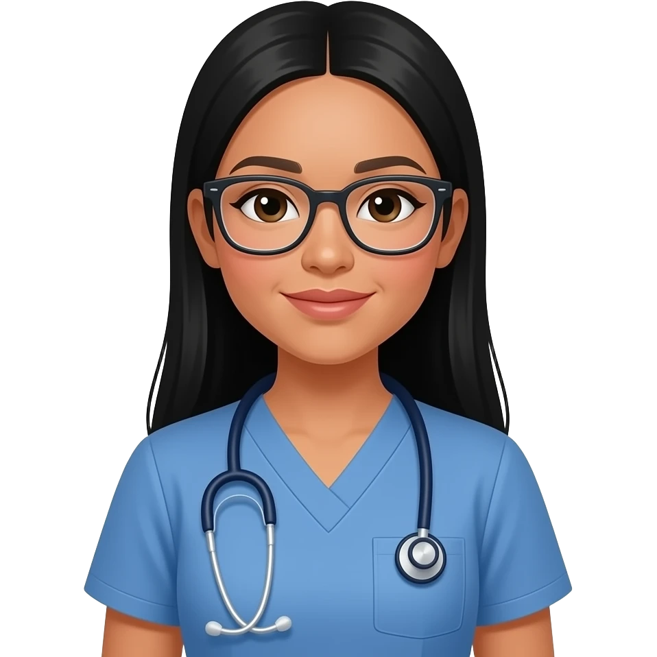 filipina nurse with long straight black hair and tan skin and clear glasses in scrubs emoji