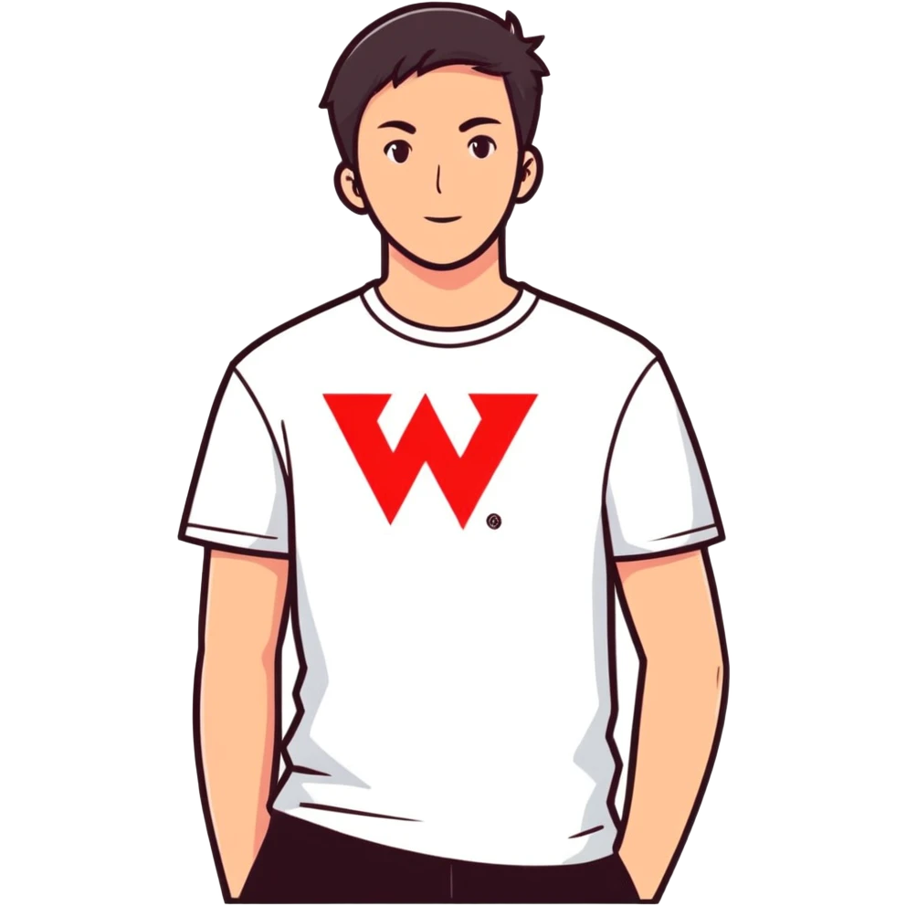 white t-shirt with large red W on chest, minimal style emoji