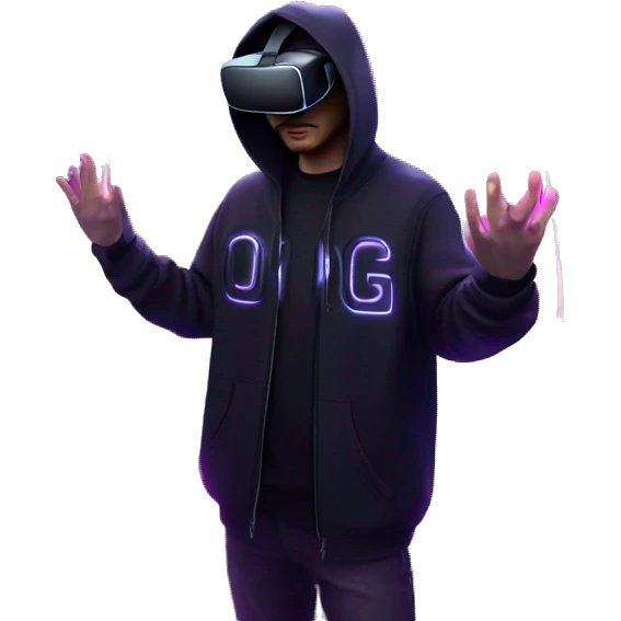 Russian man wearing a black hoodie with "OMG" letters on it and VR headset in a cyberpunk VR environment with violet neon lighting. emoji