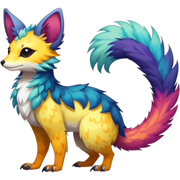 Feral Rare Fantasy colorful vibrant Vernid-Trico-species-Fakemon-creature by LiLaiRa, random markings, tufted tail, tufted ears, full body emoji