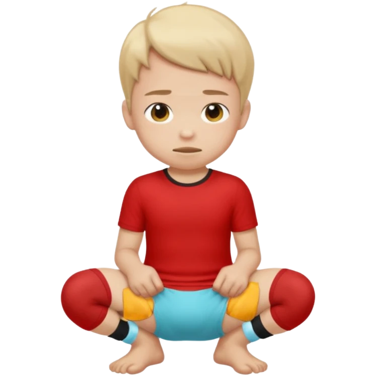 A kid wearing a poopy underwear with a red t-shirt squatting down emoji