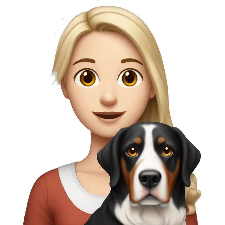 white girl with long hair holding a greater swiss mountain dog emoji