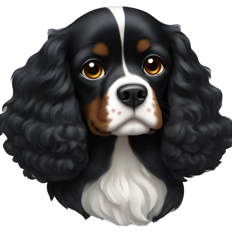 Small completely black king spaniel with black fur on his whole face and white stripe on chest emoji
