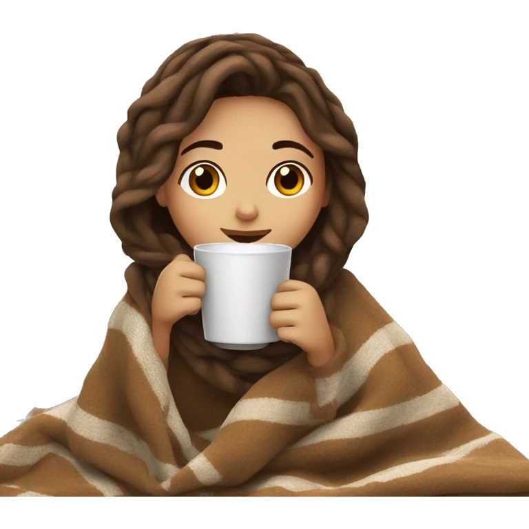 Brown hair Girl drinking coffee, with a cozy blanket emoji