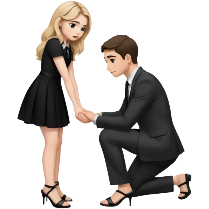  Sabrina carpenter kneeling down wearing a black dress with a tie with black heel sandals, putting her hand on man’s leg  emoji