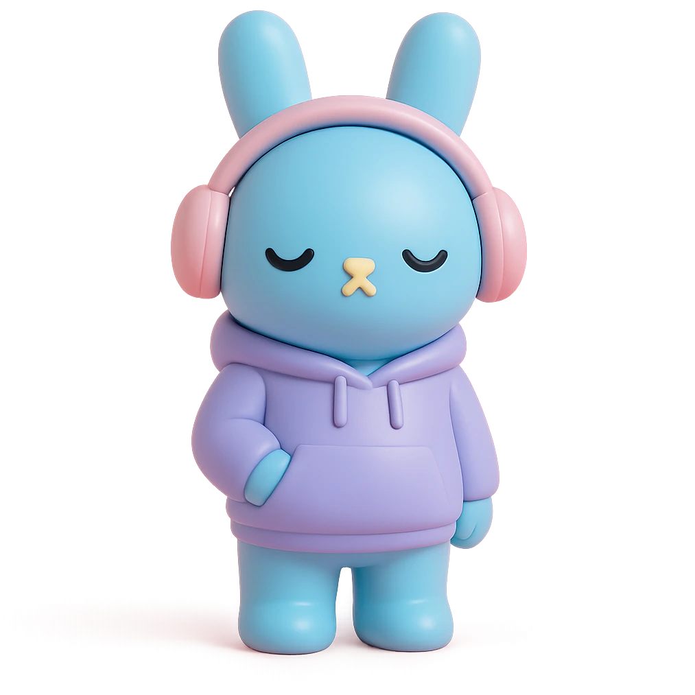 blue bunny in hoodie, one paw in pocket, headphones on, vinyl figure style emoji