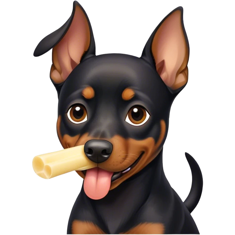 A black German pinscher eating with flappy ears a piece of string cheese emoji