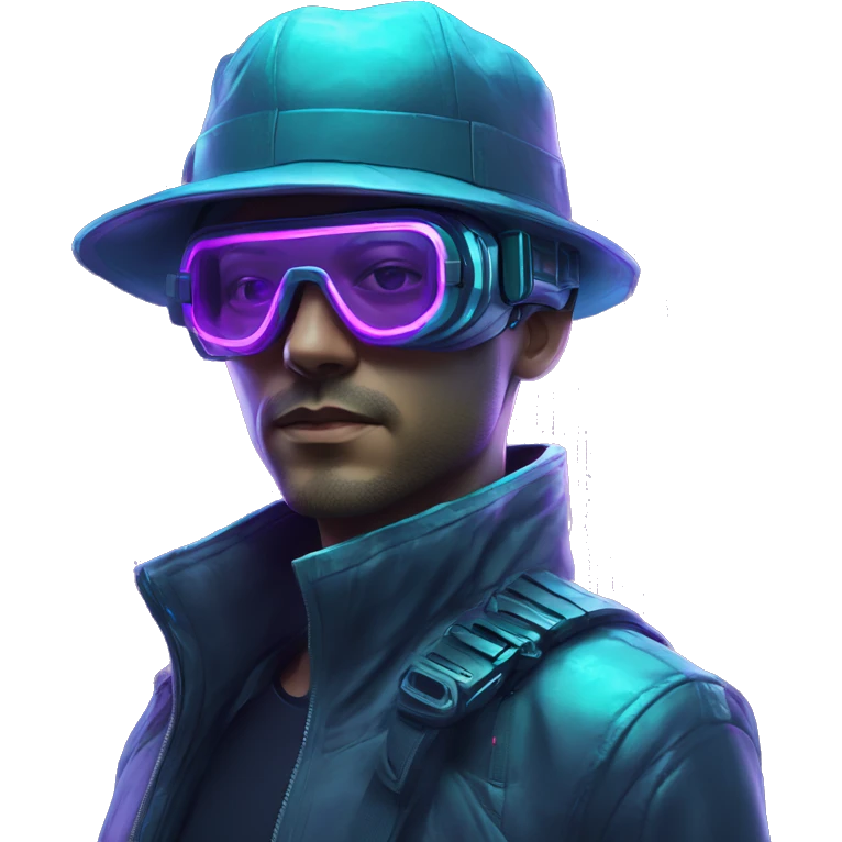 Secret human agent in a hat with  cyberpunk elements in VR googles scanning looking reviewing multicolor lines of code, cyan and purple colors, only upper body portrait emoji