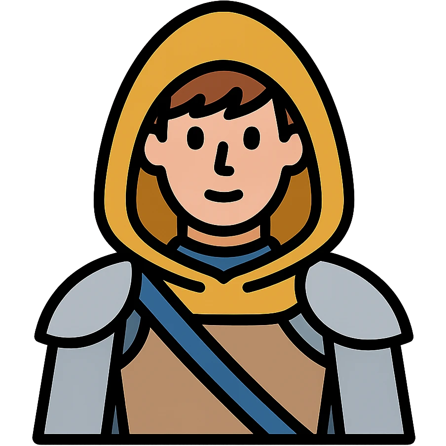 medieval hooded explorer with brown hair, no beard, wearing light armor, chest up view emoji
