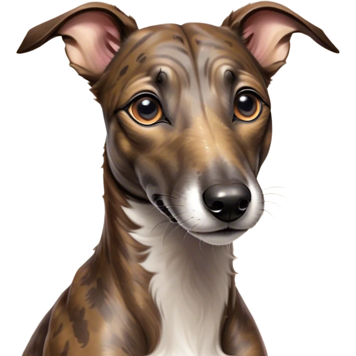 Cinematic Cute Brindle Greyhound Portrait Emoji, Head tilted playfully and inquisitively, featuring a sleek brindle Fur with subtle variations and round, sparkling eyes filled with curiosity, Simplified yet irresistibly adorable features, highly detailed, glowing with a warm, friendly glow, high shine, affectionate and nimble, stylized with a touch of whimsy, bright and endearing, soft glowing outline, capturing the essence of a mischievous yet loving companion, so playful it feels like it could sprint out of the screen and into your arms! emoji