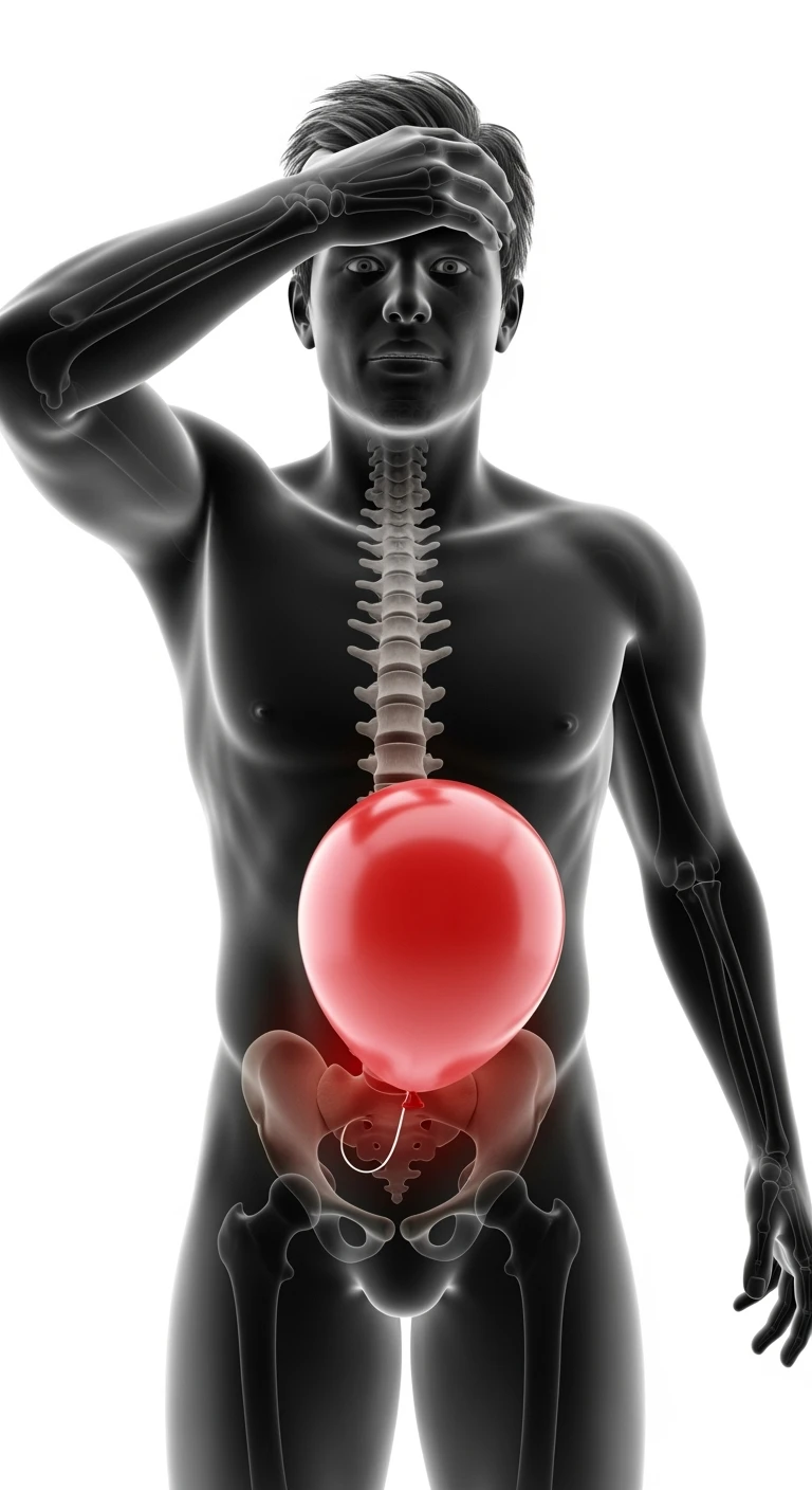 corpo umano anatomico realistico con spina dorsale anatomica in evidenza e palloncino rosso sulla pancia, si tiene una mano sulla fronte disperata per la pancia gonfia, iperrealistica 4k, isolato su sfondo bianco emoji