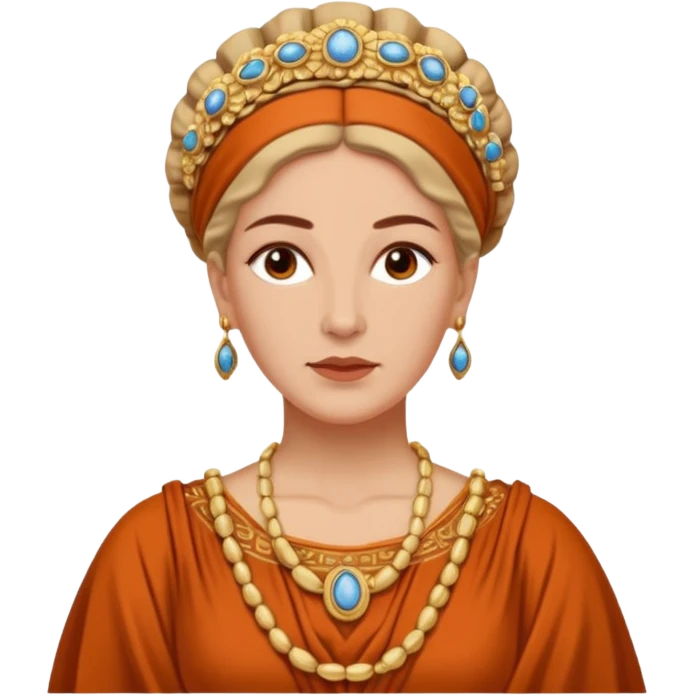 An emoji portrait of a mature Greek noblewoman. She wears a terracotta-colored chiton with intricate embroidery. Her hair is styled in an elegant updo, and she has a calm, wise expression. emoji