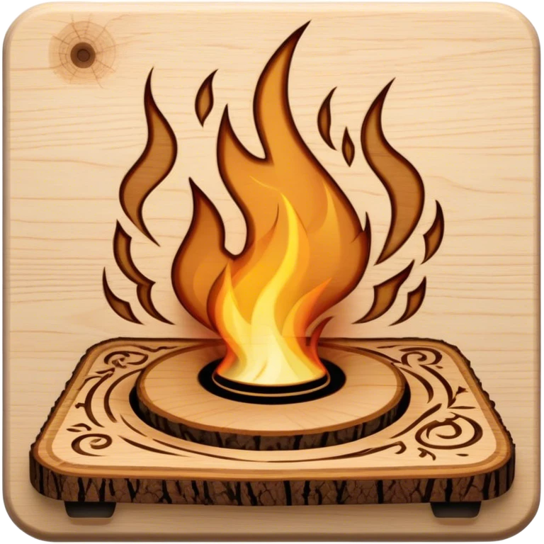Pyrography icon, wooden board with intricate burn marks, pyrography wood burner in use, detailed patterns burned into the wood, minimalistic style, clean lines, transparent background. emoji