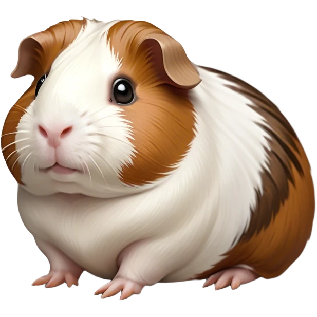 Cinematic Noble Brown and White Banded Guinea Pig Portrait Emoji, Poised and regal, with a compact, chubby build and a uniquely patterned coat of warm brown and crisp white banding, deep-set soulful dark eyes, Simplified yet sharp and sophisticated features, highly detailed, glowing with a soft, dignified glow, high shine, intelligent and charming, stylized with an air of distinctive elegance, focused and attentive, soft glowing outline, capturing the essence of a watchful and confident companion, so majestic it feels as though it could scurry out of the screen with effortless authority! emoji