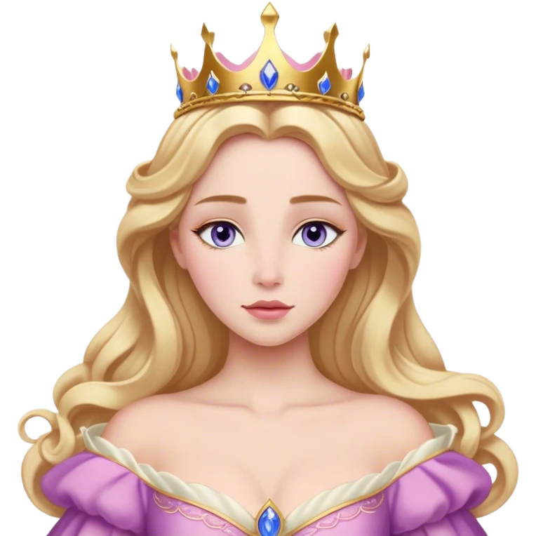 Cinematic Realistic Sleeping Beauty (Aurora) Portrait, with porcelain-like skin featuring a natural rosy flush, illuminated by soft lighting that highlights the gentle contours of her face. Her golden blonde hair flows in soft, detailed waves with subtle highlights that shimmer in the light. Her deep violet-blue eyes radiate warmth and innocence, framed by arched brows and long lashes. Her serene expression exudes quiet elegance. She is dressed in her classic pink gown, the fabric rich in texture with delicate folds that catch the light. A golden crown rests atop her head, gleaming with royal refinement. The portrait captures a soft, glowing aura, blending realism with an ethereal sense of beauty and timeless enchantment. emoji