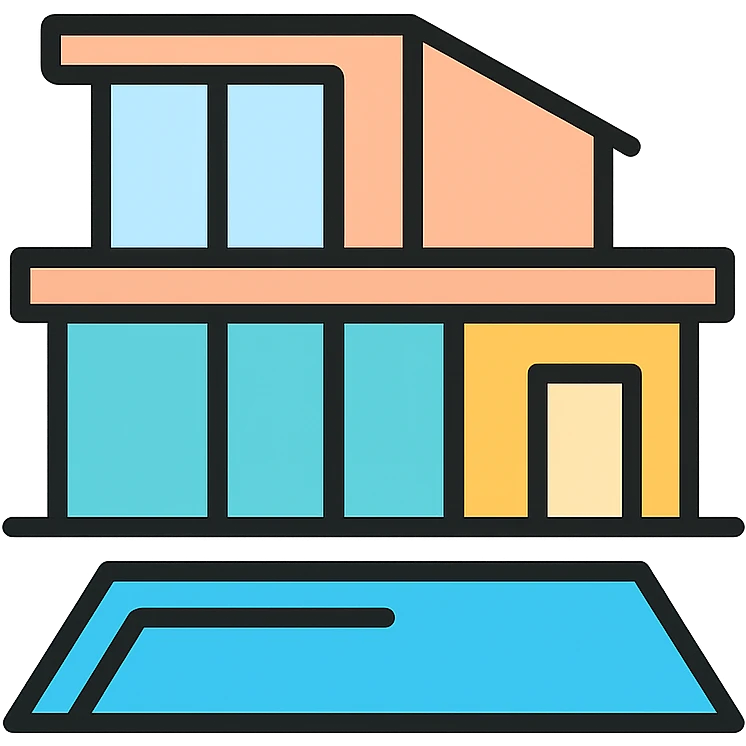 luxury mansion, minimalist contemporary design, large windows, pool, icon style emoji