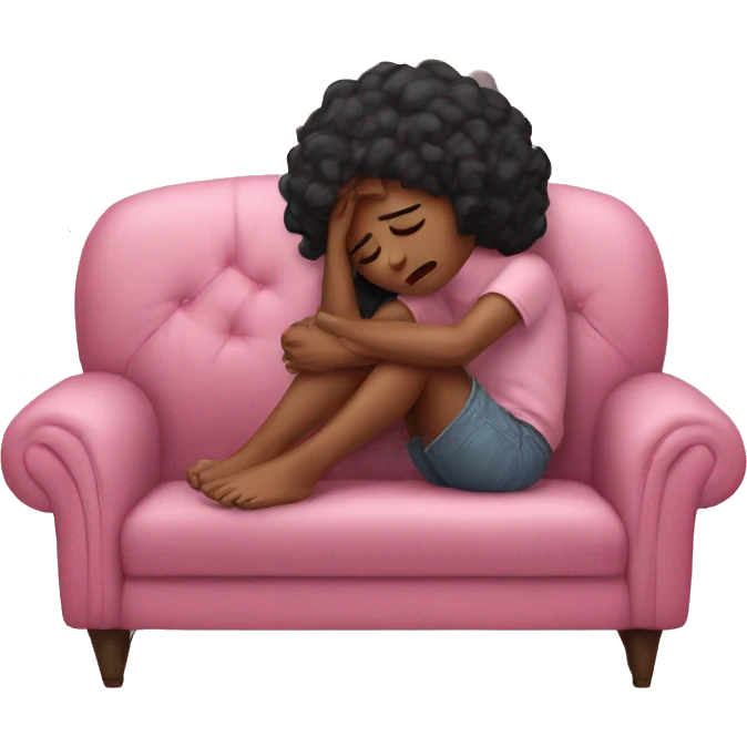 sad girl crying on the cozy pink couch  emoji