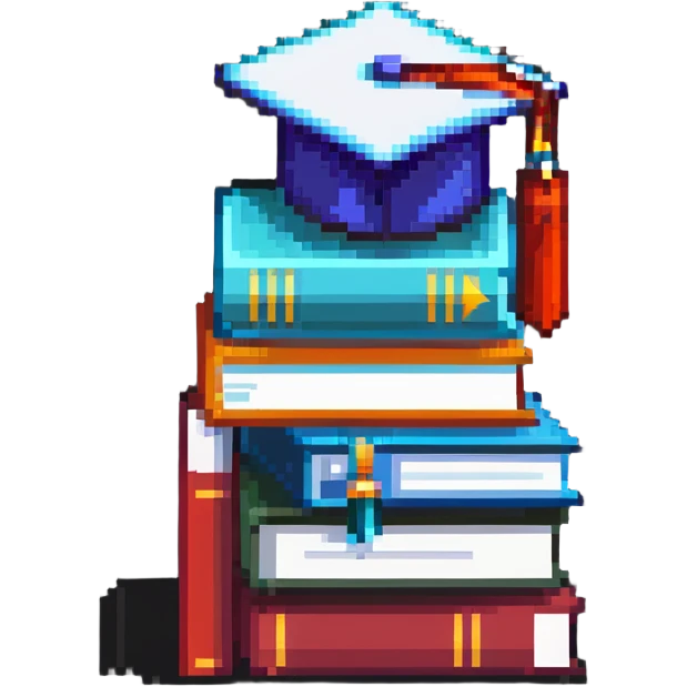 abstract pixel art, simple 3 books stack with graduation cap, minimal details emoji