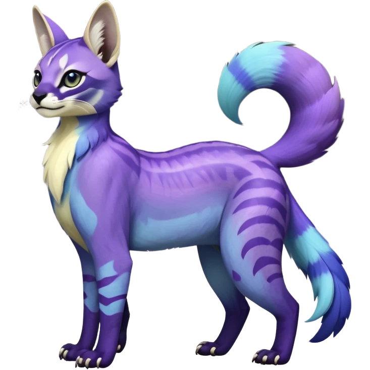 banana-cream-colored, tropical tribal glorious iridescent divine exotic cute cool beautiful beautiful fantasy-caracal-civet-genet-sergal-vernid-Gryphon-Cacomistle-Trico-oncilla-animal-Fakémon-hybrid-fursona (full body) with light slight indigo-violet-gradients accents  emoji