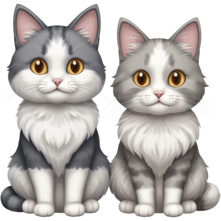 a realistic looking very fluffy grey and white cat with grey legs and white paws, sitting next to another cat emoji