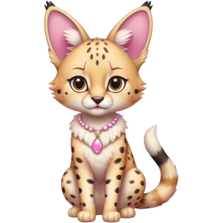 Whitish pastel-rosy-pink cute elegant furry kawaii Serval, full body, with a cute pretty necklace  emoji