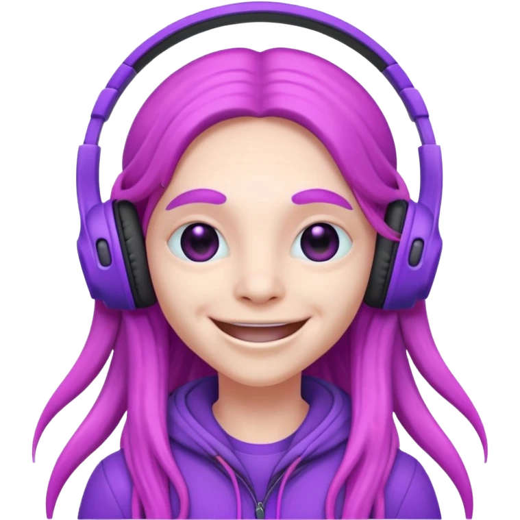 headphone wearing pink alien, purple long haired emoji