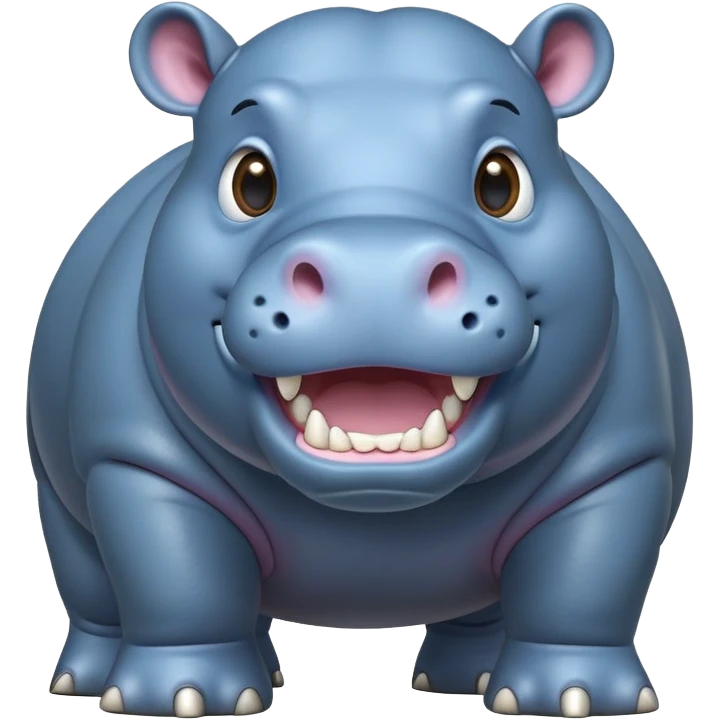 cinematic-hippo-realistic-full-body-side-view-standing-on-all-fours-emoji,-massive-round-frame,-wide-mouthed-grin-exposing-huge-teeth,-head-tilted-dramatically,-thick-greyish blue-hide-glossy, big cute eyes emoji