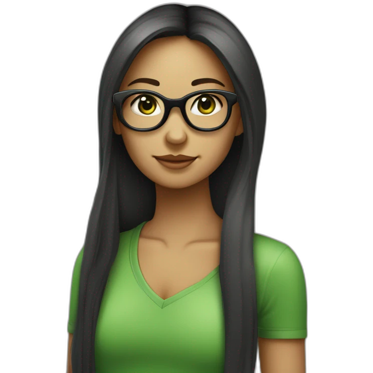 une fille avec de long cheveux noir lisse , des yeux vert , et avec des lunette (en forme de carrer un peu déformé) assez grosse comparer a ça tête emoji