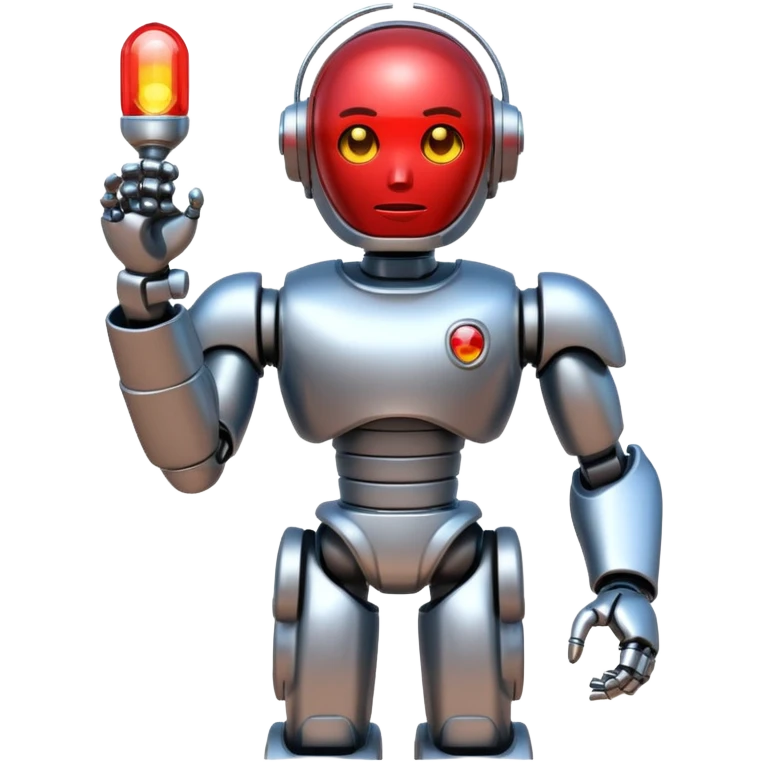 shiny muscular robot with red police light head facing backward emoji style emoji