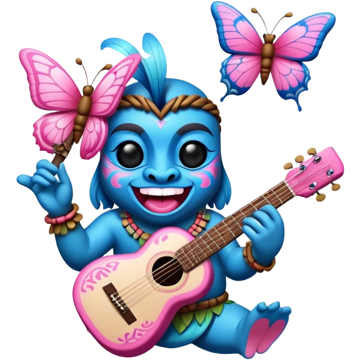 Pixar style little Cartoon Blue and pink tiki singing with a butterfly and playing a guitar, ultra detailed and lifelike imagery emoji