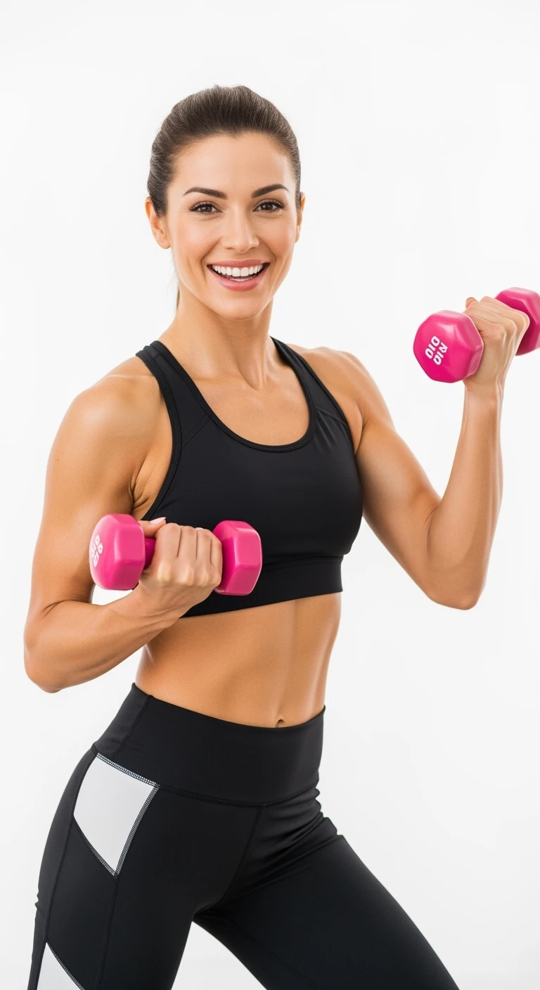 donna fitness felice con manubri da palestra in mano, iperrealistico 4k, sfondo bianco emoji