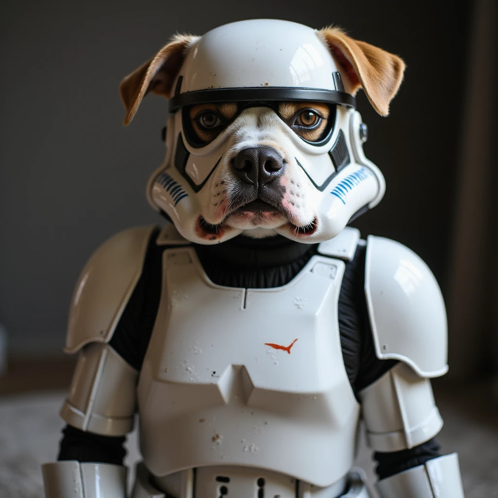 dog cosplaying as a Star Wars stormtrooper, detailed and realistic armor, lifelike pose, photorealistic style emoji