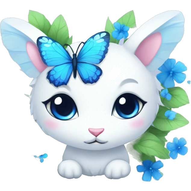 Edgy Cute Cool Kawaii gorgeous sparkly ethereal white fantasy animal with blue eyes sona with flowers and butterflies emoji