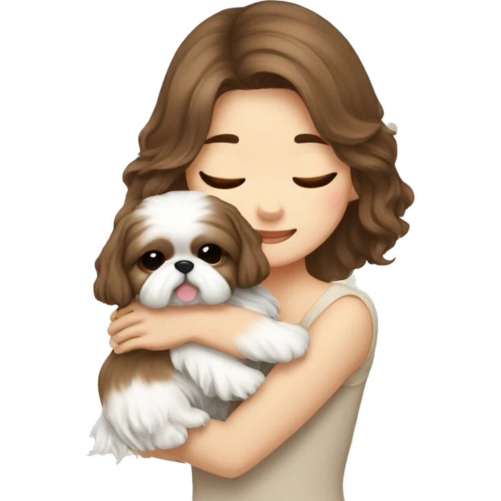 long brown wavy hair korean girl hugging cream colored shih tzu emoji