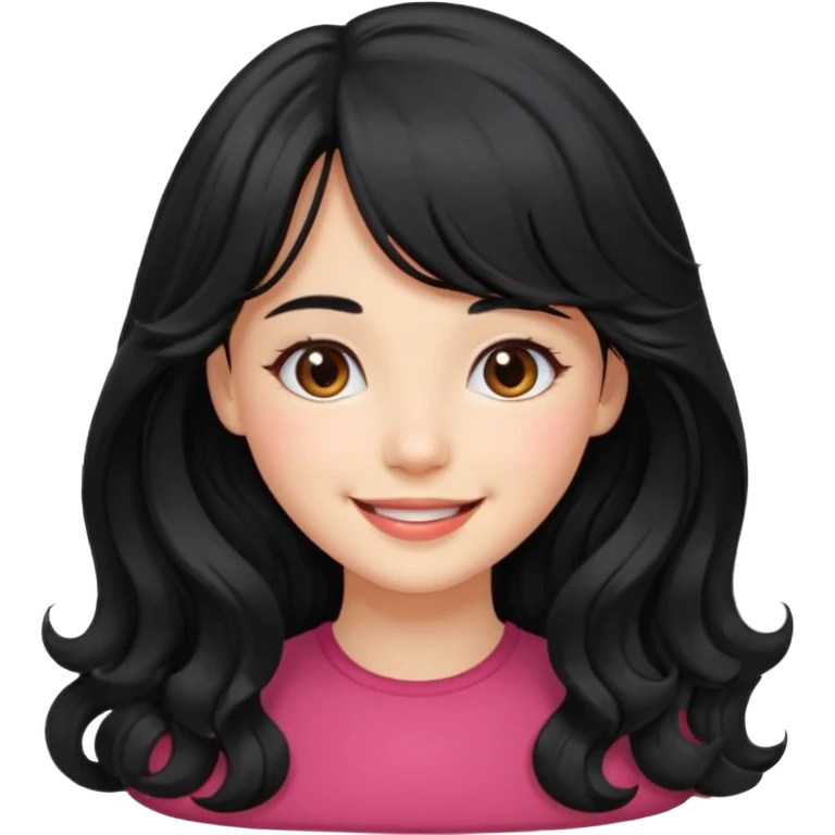Please generate a portrait of a pretty girl with long, wavy, black hair. She's smiling. She also wears a middle parting and bangs. emoji