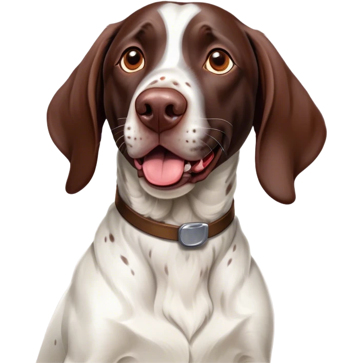 Cinematic Comical German Pointer Portrait Emoji, Head tilted dramatically with an exaggeratedly amused expression, featuring a striking liver and white coat with bold markings, wide, expressive brown eyes filled with playful disbelief, Simplified yet hilariously expressive features, highly detailed, glowing with a slightly sassy glow, high shine, dramatic yet playful, stylized with an air of cheeky charm, bright and endearing, soft glowing outline, capturing the essence of a spirited and over-the-top companion, so meme-worthy it feels like it could side-eye its way into internet fame instantly! emoji