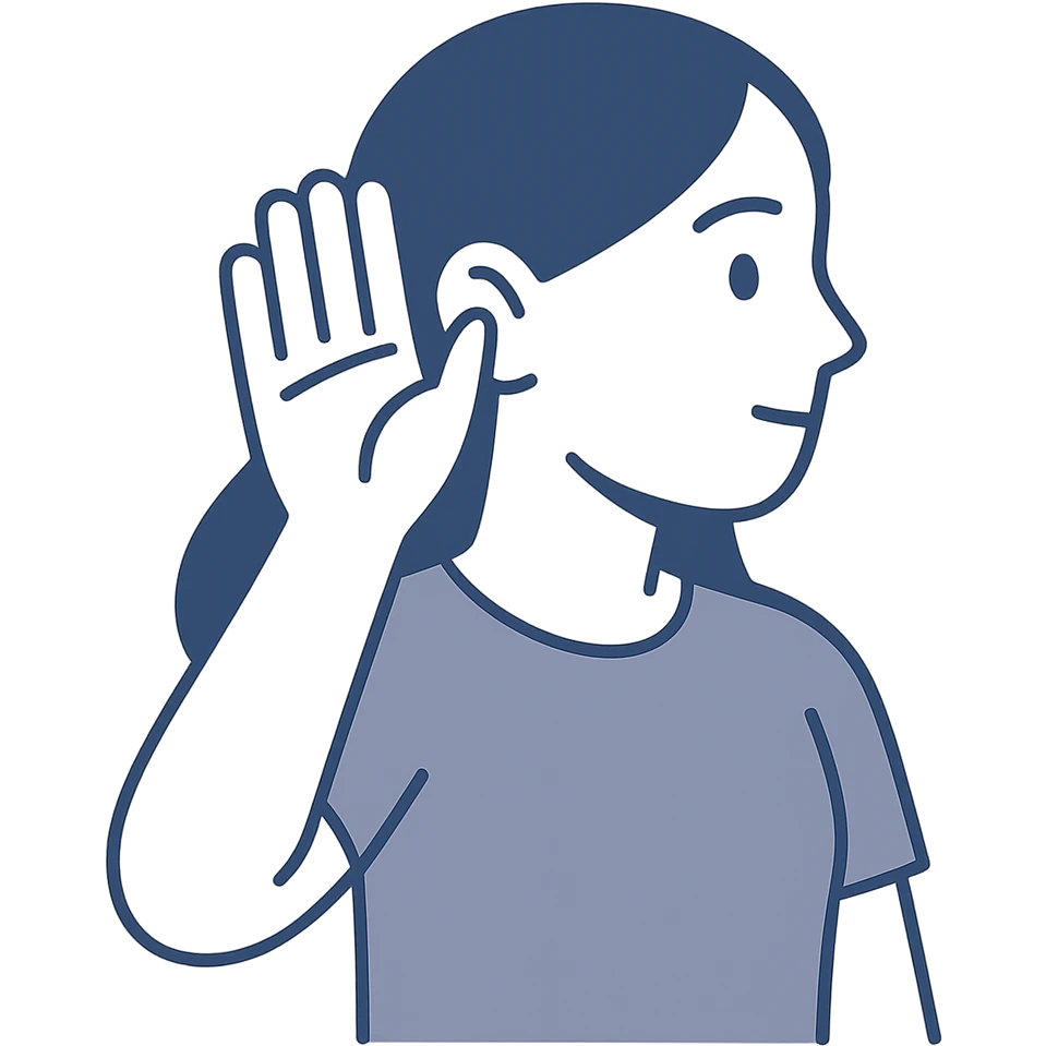 girl listening to viewer, side view, hand to ear, clean modern illustration style emoji