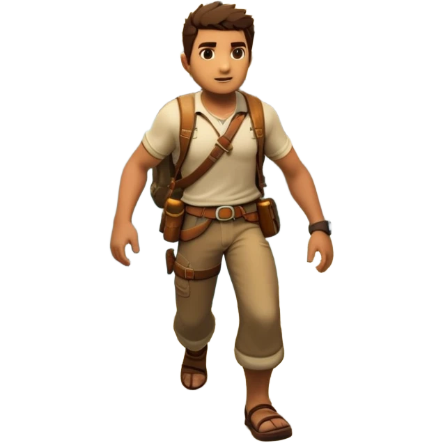 an adventure game, inspired by Uncharted-2. The design features a rugged explorer navigating through ancient ruins, with treasure and obstacles in the background. A dynamic environment with jungle, cliffs, and puzzles highlights the thrill of discovery and action. Transparent background. emoji