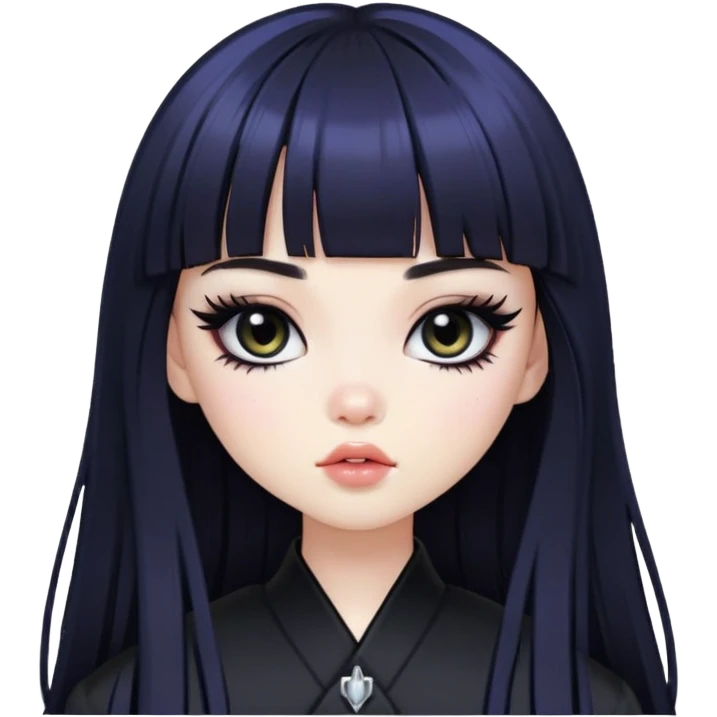 straight black long bangs hair, korean pale skin, dark black iris, pretty bratz baddie, black eyeliner emoji
