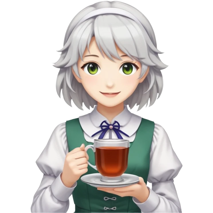 Sakuya Izayoi from Touhou Project stands with cup of tea in her hands and smiles emoji