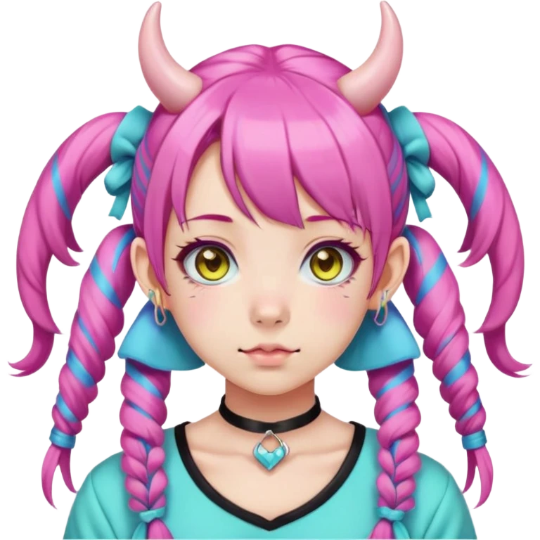 En anime-ku-jente med to rosa lange tykke fletter og cyan striper i håret, horn, og ku-ører, sort BH-topp over en gul cropped-fleece-blouse, lilla øyne, søt sløyfe på halsen  emoji