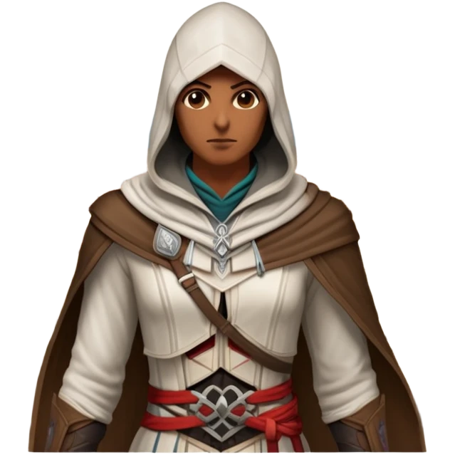 icon featuring Assasin's Creed in an iconic assassin's hood, standing tall against the backdrop of Florence. The design captures the essence of adventure, with intricate details of historical architecture and a sense of mystery. The character is poised, ready for action. transparent background. emoji